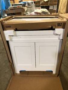 lot 59 image: Glacier Bay Everdean 31 in. Single Sink White Bath Vanity with White Cultured Marble Top (Assembled) customer return see pictures