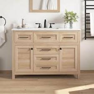 lot 3 image: Home Decorators Collection Hanna 48 in. Single Sink Weathered Tan Bath Vanity with White Engineered Stone Top (Assembled)   Customer Returns See Pictures