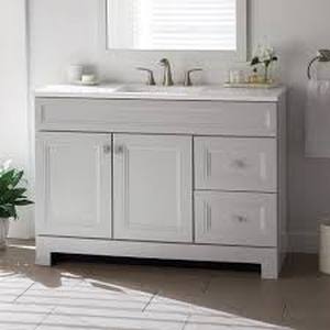 lot 25 image: Home Decorators Collection Sedgewood 48.5 in. W x 18.75 in. D x 34.375 in. H Single Sink Bath Vanity in Dove Gray with Arctic Solid Surface Top customer return see pictures