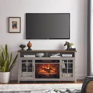 lot 31 image: FIROMO 55 in. Farmhouse Wooden TV Stand with Electric Fireplace KD Inserts Heater and 2-Drawers in Gray Fits TVs up to 55 in. customer return see pictures