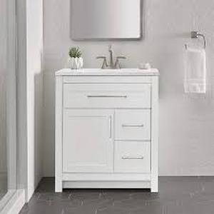 lot 57 image: Home Decorators Collection Clady 31 in. Single Sink White Bath Vanity with Silver Ash Cultured Marble Top (Assembled) customer return see pictures