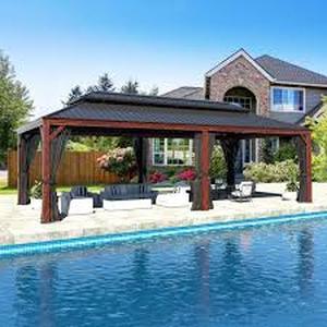 lot 18 image: VEIKOUS 24 ft. x 14 ft. Wood Grain Aluminum Hardtop Gazebo Double Roof with Textilene Netting  Customer Returns See Pictures