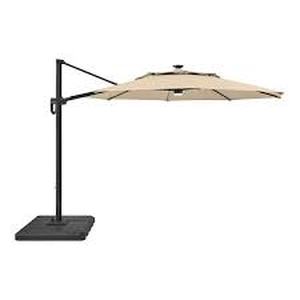 lot 40 image: Hampton Bay 11 ft. Aluminum Cantilever Solar LED Offset Patio Umbrella in Putty Beige customer return see pictures