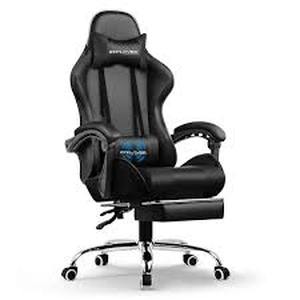 lot 62 image: Gaming Chair with Footrest and Bluetooth Speakers Faux Leather Music Video Game Chair Computer Desk Chair customer return see pictures
