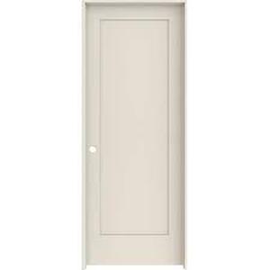 lot 66 image: JELD-WEN 30 in. x 80 in. 1-Panel Shaker Right-Hand Primed White Solid Core Wood Single Prehung Interior Door w Bore Hole customer return see pictures