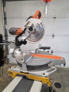lot 212 image: Rigid 12 Sliding Compound Miter Saw wExactaline Laser and Rigid Miter Saw Utility Vehicle