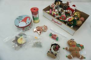 lot 57 image: Christmas Ornaments, Hooks, Cookie Cutters, Tin, Ribbon