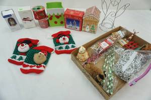 lot 60 image: Christmas Ornaments, Ribbons, Bows, Box Gingerbread House and More