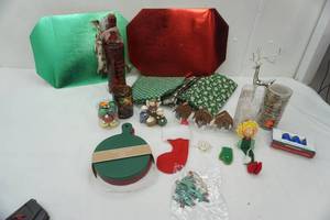 lot 81 image: Christmas Decor, Fabric, Place Mats, Ornaments, Lighted Red Glass Bottle, Mud Pie Mini Paulownia Boards