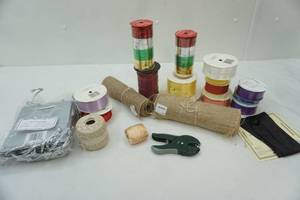 lot 83 image: Ribbon, Burlap, Snowflake Gift Bags, Hole Punch, String