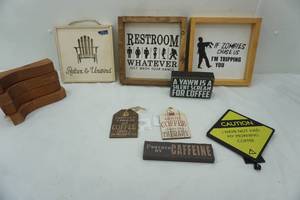 lot 89 image: Wooden Decor Variety of Coffee Wall Decor, Zombie Wall Decor and Wooden Furniture Legs