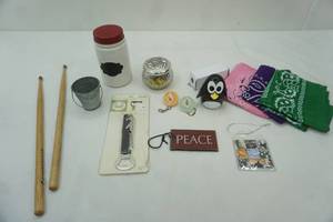 lot 92 image: Variety Lot Drum Sticks, Penguin Timer, Hankies, Wine Opener and More