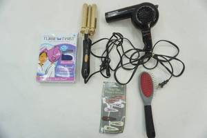 lot 110 image: Triple Barrel Curling Iron, Blow Dryer, Hair Brush, Hair Towel, Clips