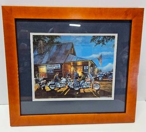 lot 52 image: Dave Barnhouse Framed Motorcycle Print Let the good times roll