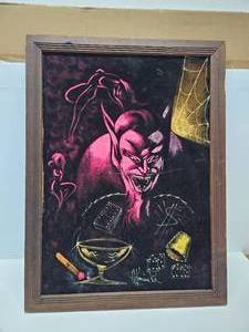 lot 68 image: Vintage Black Velvet Devil Art Painting - Signed