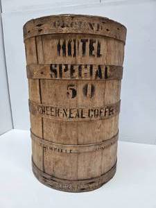 lot 69 image: Antique Cheek-Neal Company Wooden Coffee Barrel - Houston, TX