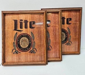 lot 92 image: Miller Light Wooden Beer Signs - Lot of 3