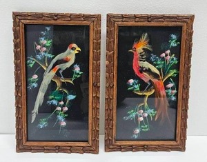 lot 98 image: Lot of 2 Vintage Mexican Feather Craft Art Colorful Bird Pictures