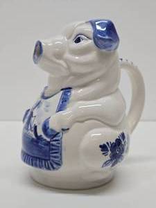 lot 264 image: Nice Vintage Signed Hand Painted Porcelain Delfts Blue Pig Pitcher