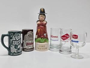 lot 296 image: Group of Vintage Beer & Whiskey Advertising Glasses & Decanter