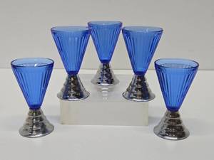 lot 123 image: Set of 5 Vintage 1930s era Art Deco Cobalt Blue & Chrome Cordial Glasses