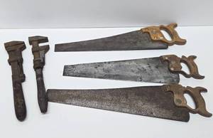 lot 280 image: Nice Group of 3 Antique Hand Saws Incl. Keen Kutter & 2 Pipe Wrenches