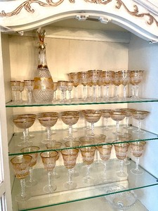 lot 335 image: Gorgeous Set of Vintage Cut Crystal AmberGold Stemware wDecanter by Ebeling & Reuss