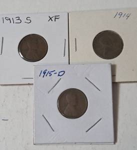 lot 52 image: 1913-S  XF,  1914,  1915-D  Pennies