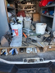 lot 322 image: Contents of Van Floor - PVC Fittings, Tools, PVC Pipe, Nipples