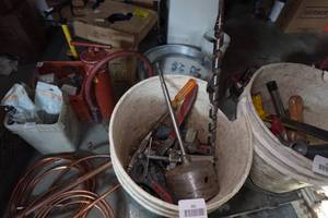 lot 362 image: Bucket of Tools - Hole Saw, Auger Bit, Drivers