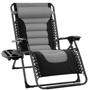 lot 110 image: Oversized Padded Zero Gravity Chair, Folding Recliner w Headrest, Side Tray (GrayBlack)