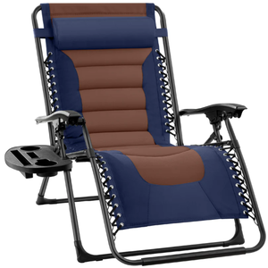 lot 112 image: Oversized Padded Zero Gravity Chair, Folding Recliner w Headrest, Side Tray (NavyBrown)