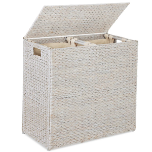 lot 121 image: Large Water Hyacinth Double Laundry Hamper Basket w 2 Liner Bags (White)