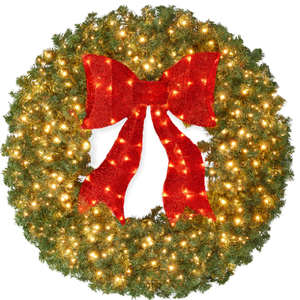 lot 162 image: 30 Pre-Lit Artificial Fir Christmas Wreath w Red Bow, LED Lights