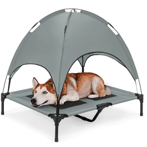 lot 169 image: 36in Outdoor Raised Cooling Pet Dog Bed w Canopy, Travel Bag (Gray)
