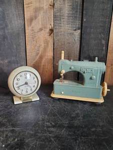 lot 7 image: Baby Ben Westclox Corded Alarm Clock Working & Necchi Childrens Hand Turn Sewing Machine