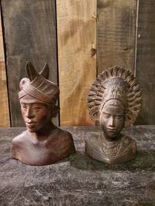lot 90 image: 2 Beautiful Wood Carved Busts of Native People 7 Tall