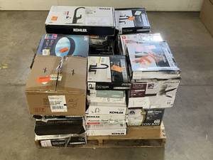 lot 13 image: Massive Pallet of Brand Name Misc Faucets, Showers, Fixtures, Towel Bars, Bathroom Fans, Ceiling Fans, Lights, and More (Parts Only) (Great for eBay Sellers)