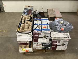 lot 17 image: Massive Pallet of Brand Name Misc Faucets, Showers, Fixtures, Towel Bars, Bathroom Fans, Ceiling Fans, Lights, and More (Parts Only) (Great for eBay Sellers)