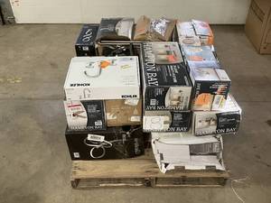 lot 18 image: Massive Pallet of Brand Name Misc Faucets, Showers, Fixtures, Towel Bars, Bathroom Fans, Ceiling Fans, Lights, and More (Parts Only) (Great for eBay Sellers)