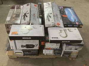 lot 19 image: Massive Pallet of Brand Name Misc Faucets, Showers, Fixtures, Towel Bars, Bathroom Fans, Ceiling Fans, Lights, and More (Parts Only) (Great for eBay Sellers)