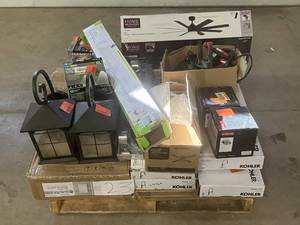 lot 23 image: Massive Pallet of Brand Name Misc Faucets, Showers, Fixtures, Towel Bars, Bathroom Fans, Ceiling Fans, Lights, and More (Parts Only) (Great for eBay Sellers)