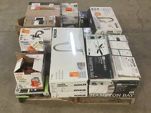 lot 27 image: Massive Pallet of Brand Name Misc Faucets, Showers, Fixtures, Towel Bars, Bathroom Fans, Ceiling Fans, Lights, and More (Parts Only) (Great for eBay Sellers)