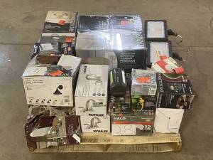 lot 28 image: Massive Pallet of Brand Name Misc Faucets, Showers, Fixtures, Towel Bars, Bathroom Fans, Ceiling Fans, Lights, and More (Parts Only) (Great for eBay Sellers)