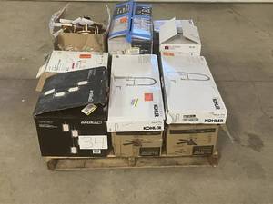 lot 34 image: Massive Pallet of Brand Name Misc Faucets, Showers, Fixtures, Towel Bars, Bathroom Fans, Ceiling Fans, Lights, and More (Parts Only) (Great for eBay Sellers)