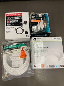 lot 60 image: Lot of Home Improvement Items - LED Ceiling Lights, Float Switch, Bulbs, Ice Maker Supply Line