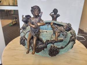 lot 96 image: An Art Nouveau Style Patinated Bronze Jardiniere with Cherubs Playing Musical Instruments.