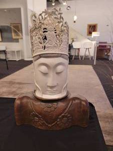 lot 112 image: A Bone Carved Buddha Statue with Stand.