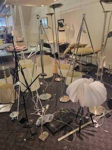 lot 137 image: A large lot of lamps (as is) and shades (good condition).