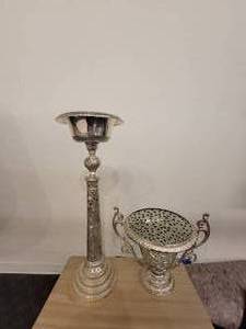 lot 164 image: A Silver Raised Design Plant Stand with an angel and flowers, and a handled Vase  Bowl.